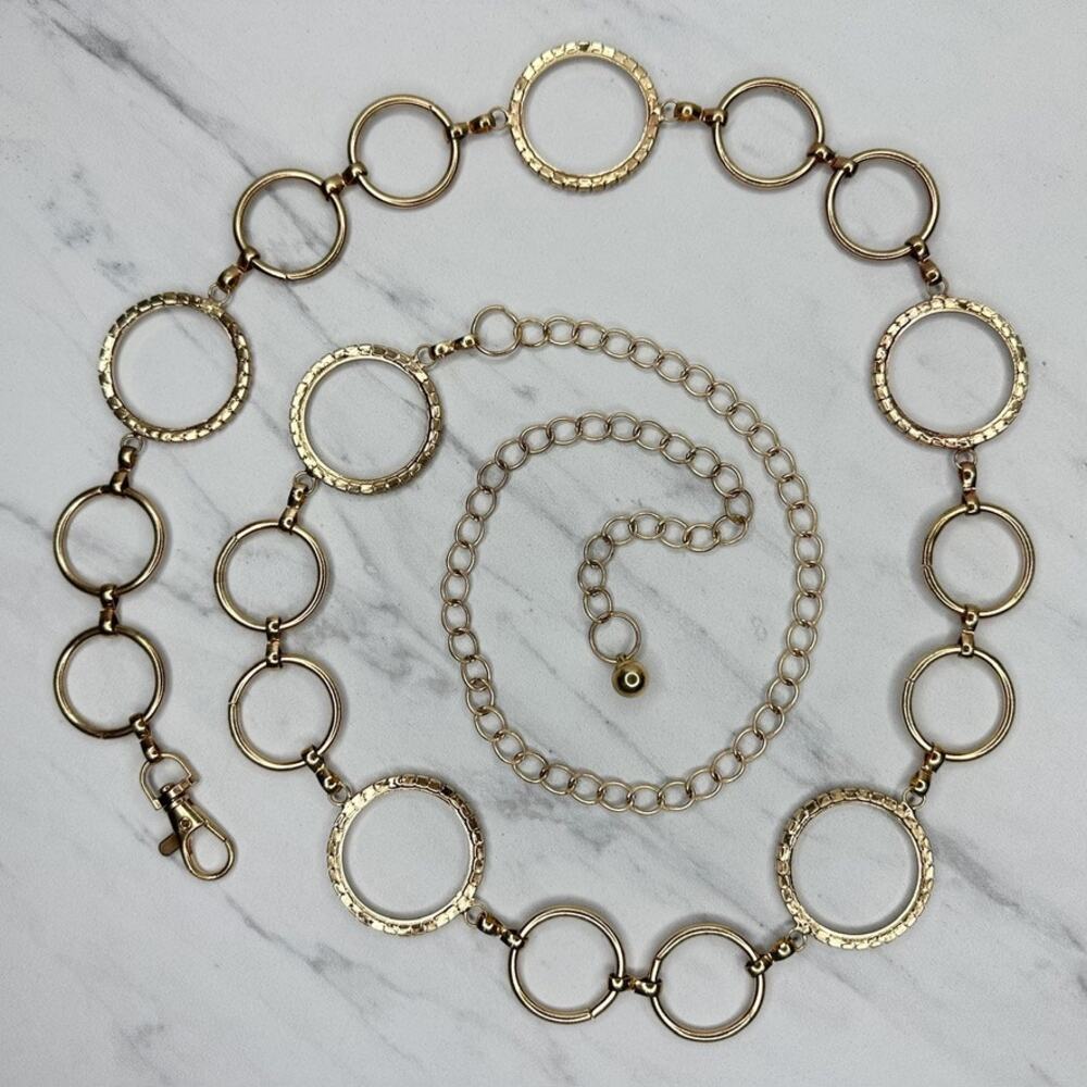 Womens Rhinestone Hoop Circle Gold Tone Chain Link Belt Plus One Size OS ✨ - Picture 2 of 12